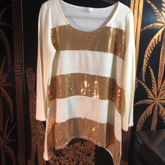 Beige and Gold Sequined Sweater- Size L - Picture 1 of 2